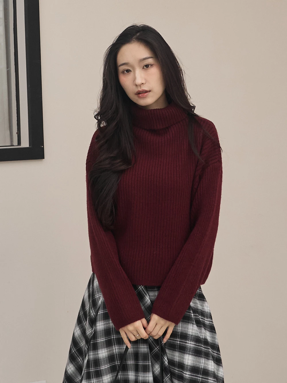 高領坑條磨毛針織上衣