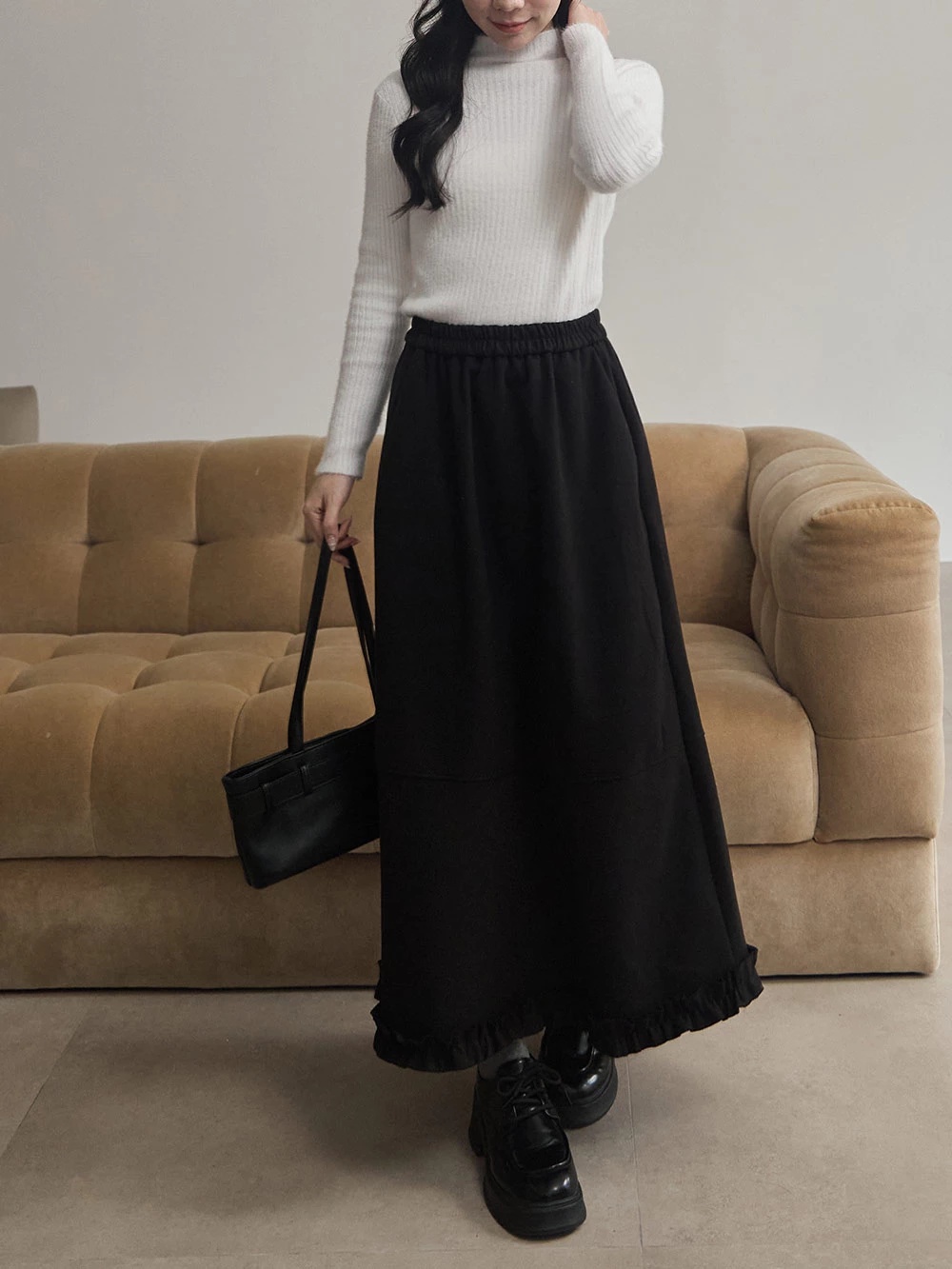 花邊裙擺造型毛呢長裙