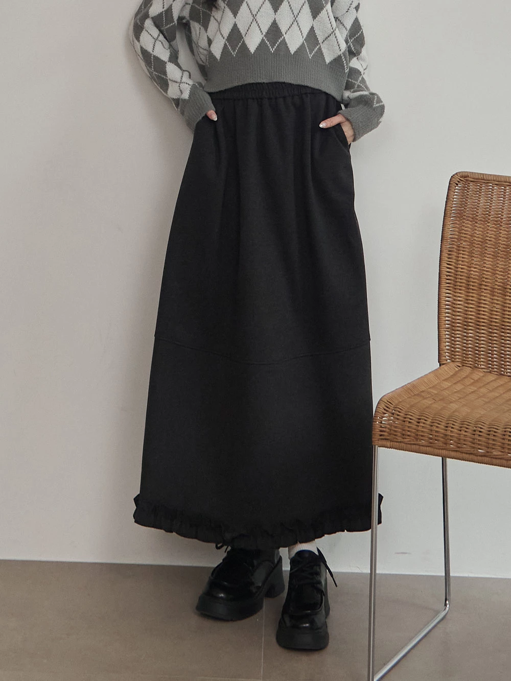 花邊裙擺造型毛呢長裙