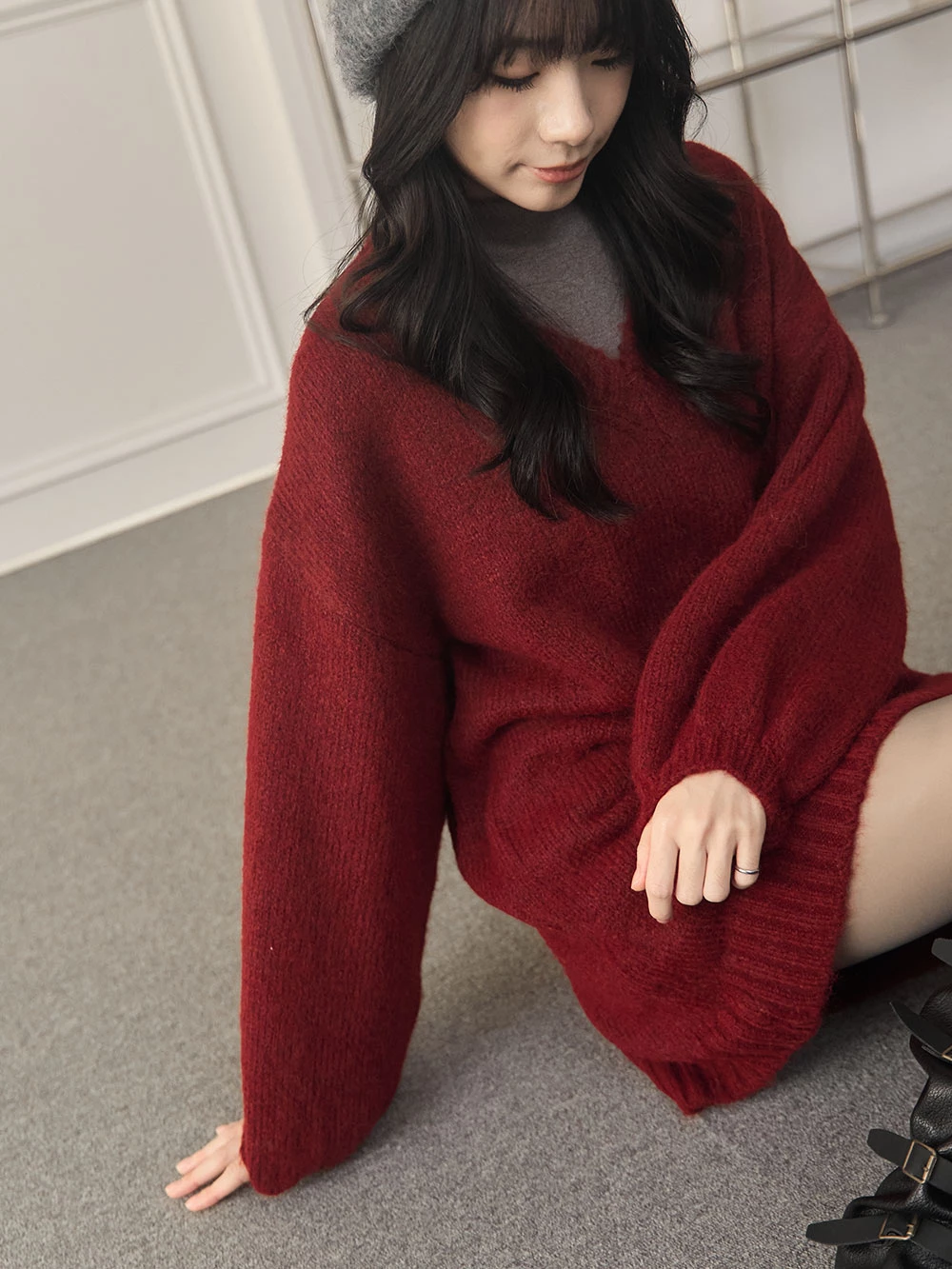 磨毛針織V領澎袖針織上衣