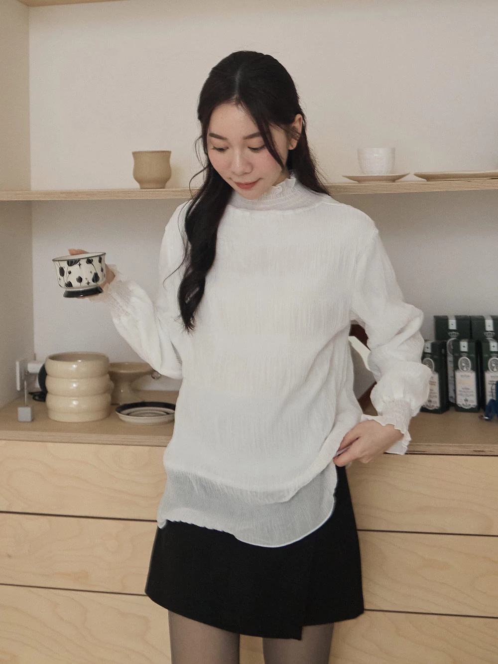 高領細褶網紗內刷絨上衣