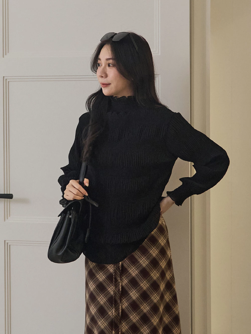 高領細褶網紗內刷絨上衣