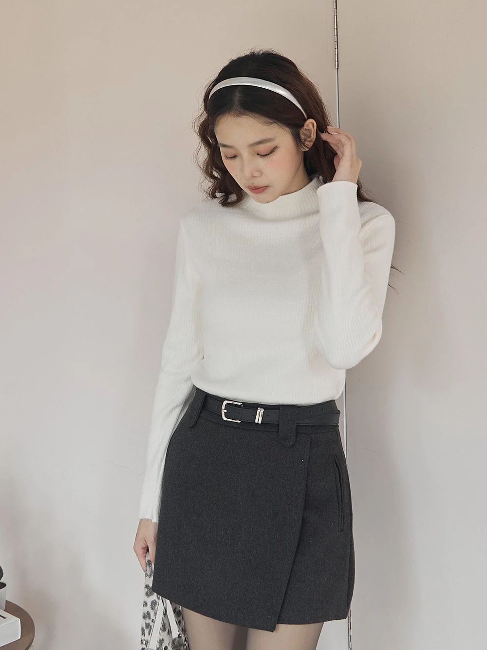 半高領內刷毛坑條針織上衣