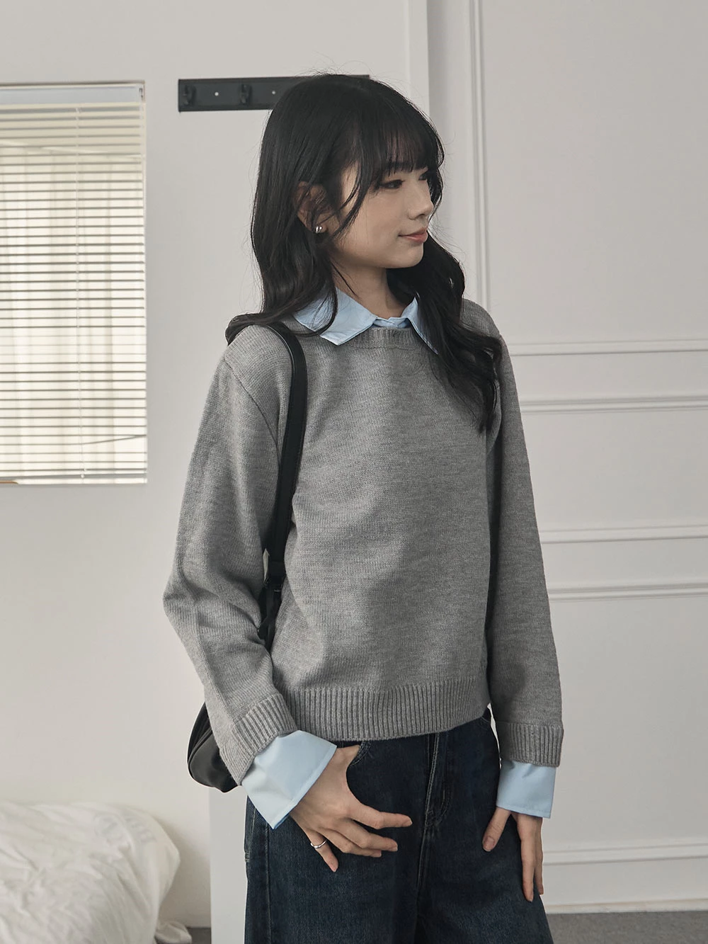 假兩件襯衫領針織上衣