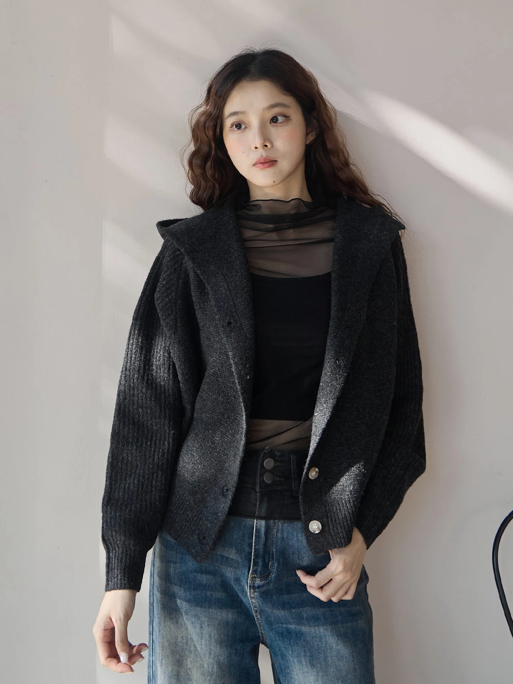 短版澎袖針織連帽外套