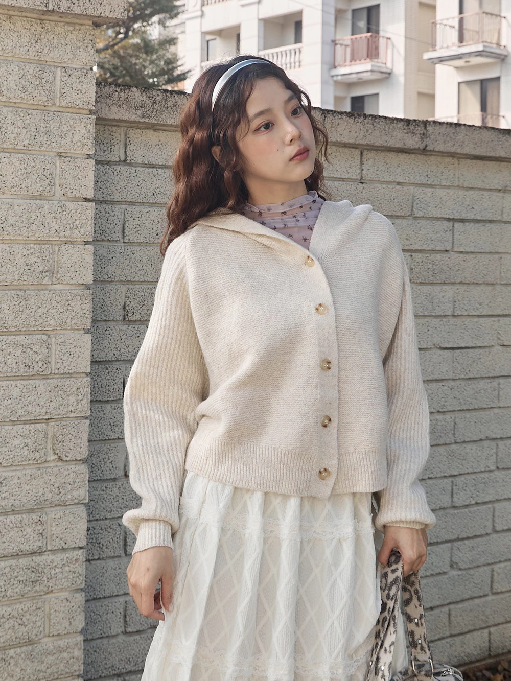 短版澎袖針織連帽外套