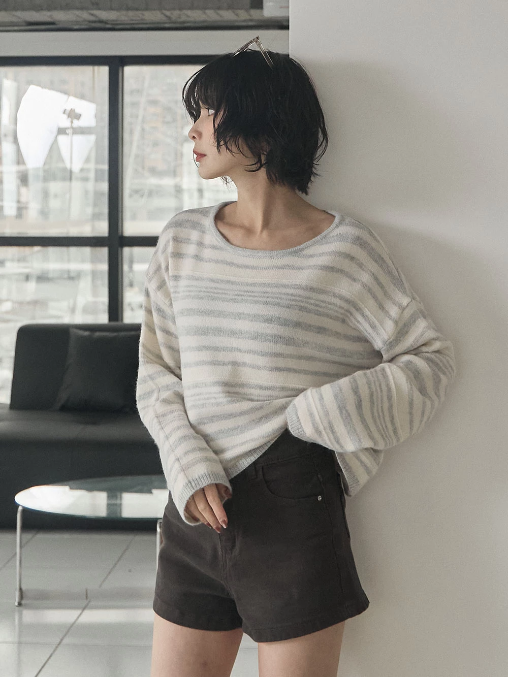 拼色圓領條紋針織上衣