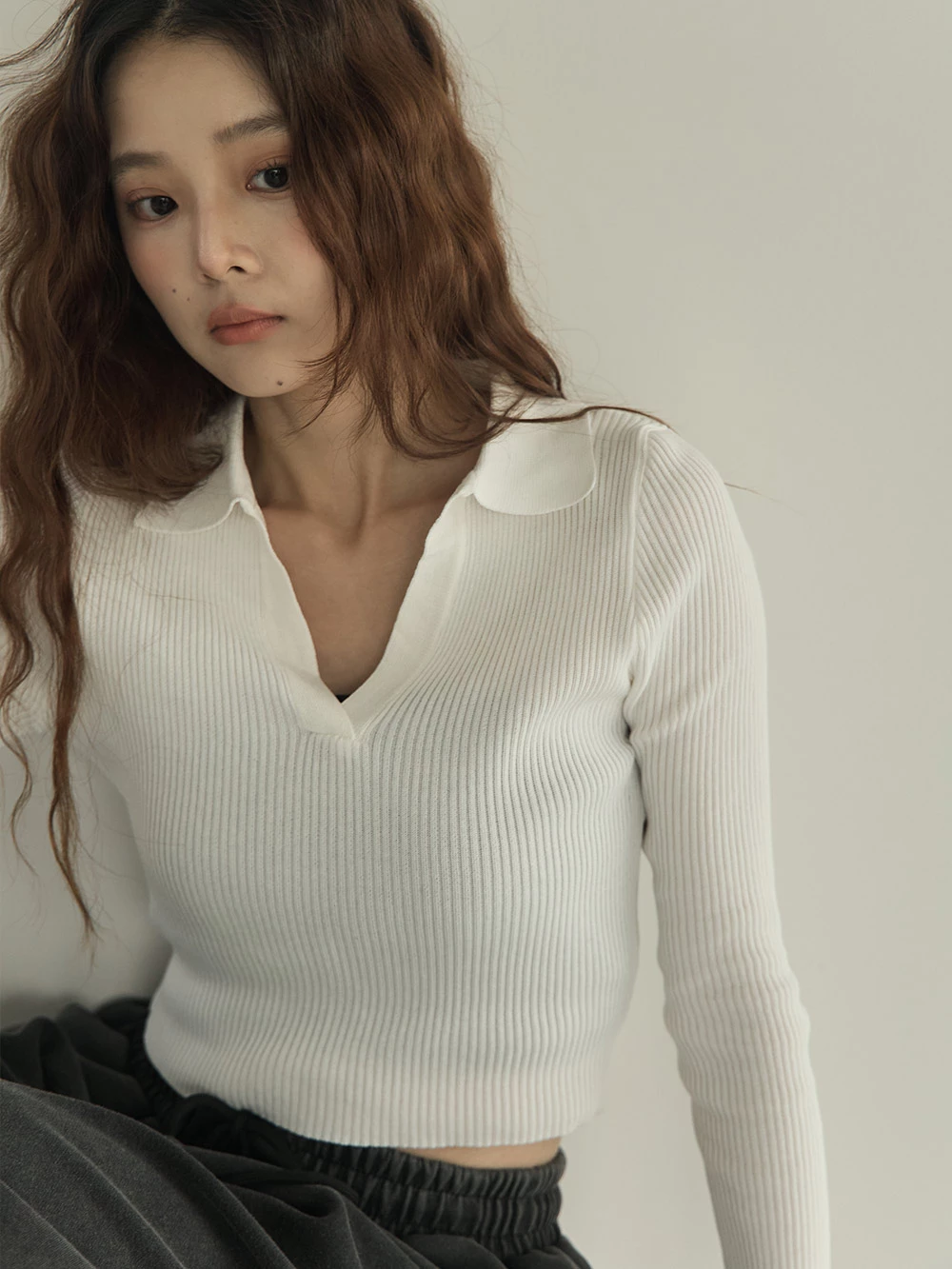 坑條V型翻領上衣