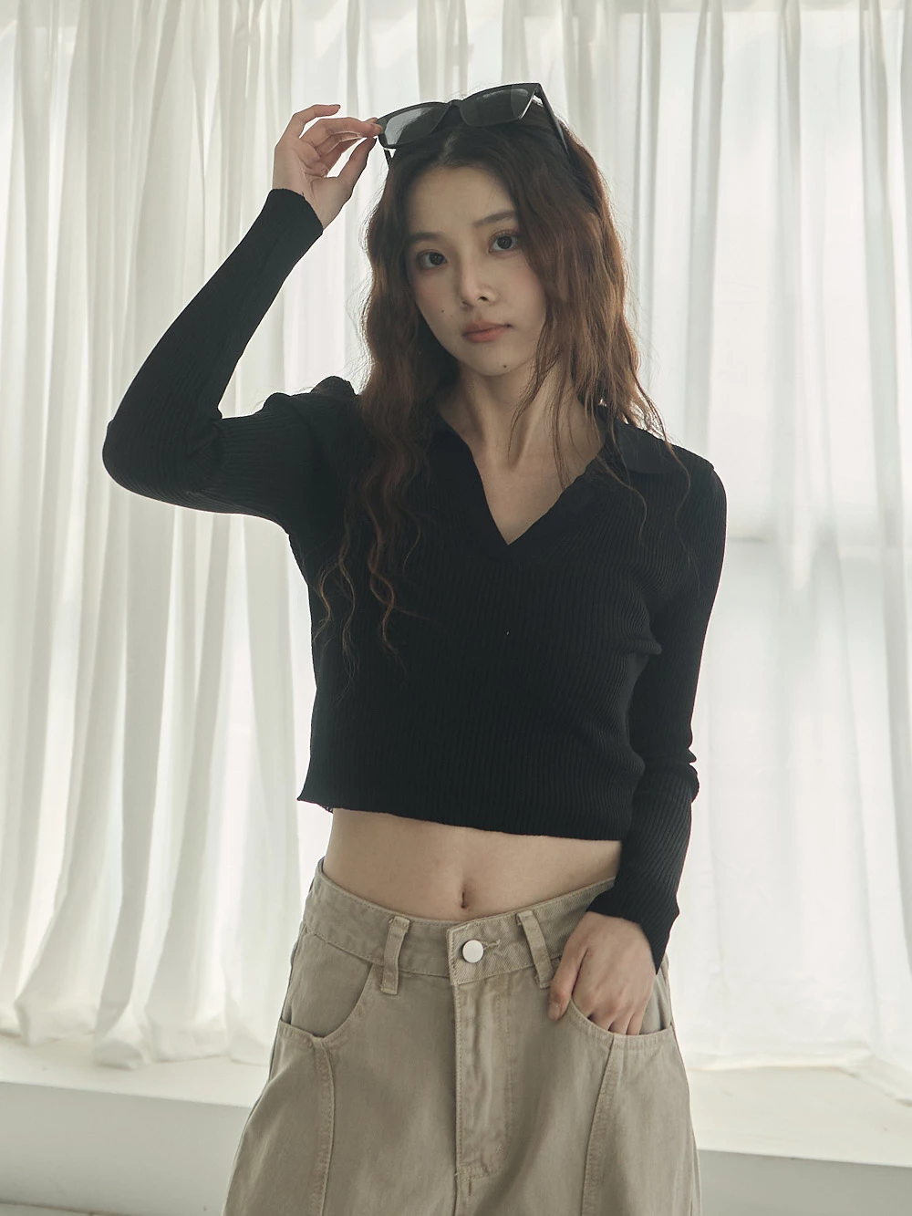 坑條V型翻領上衣