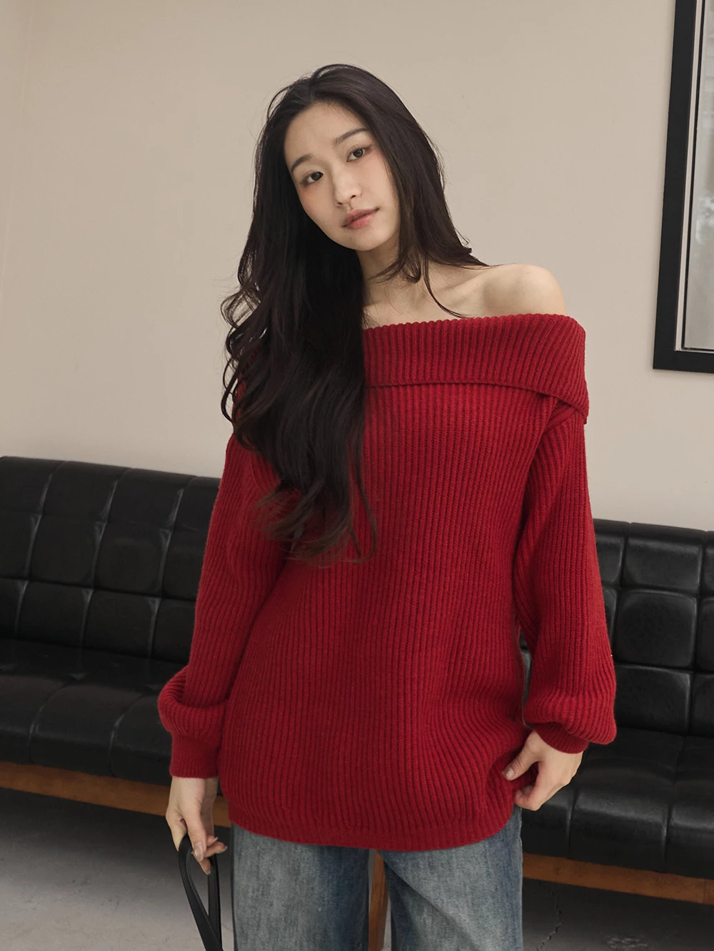 澎袖一字領坑條針織上衣