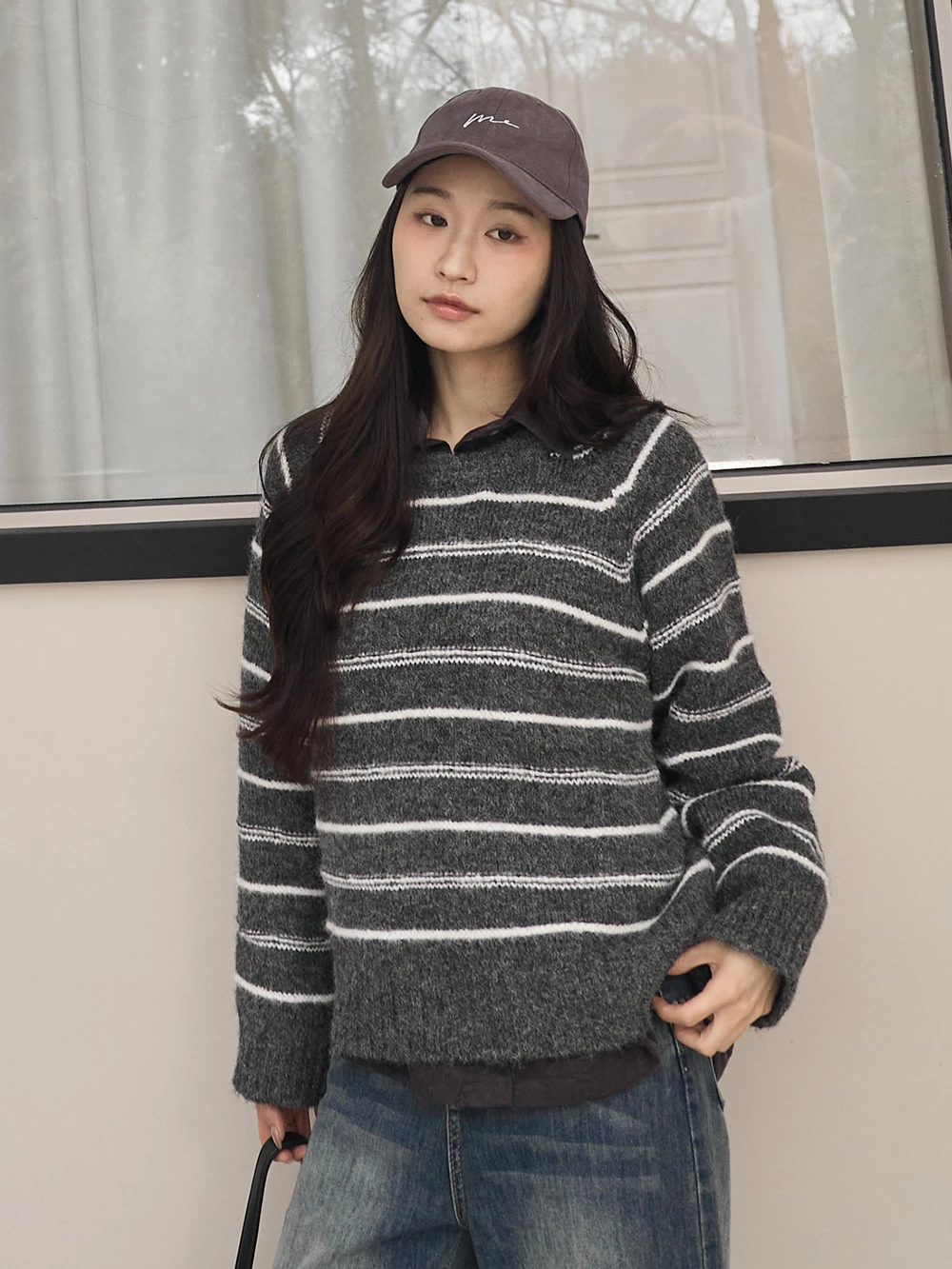 條紋磨毛針織上衣