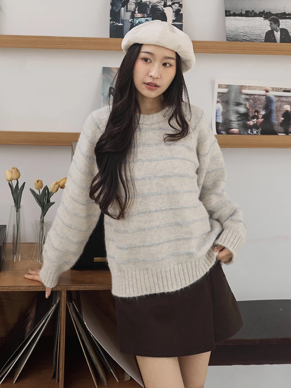 條紋磨毛針織上衣