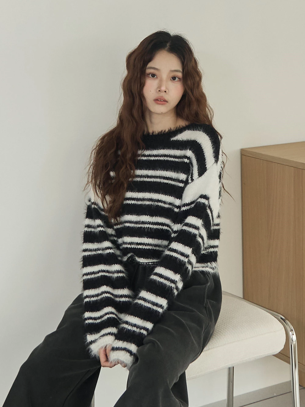 拼色條紋水貂毛針織上衣