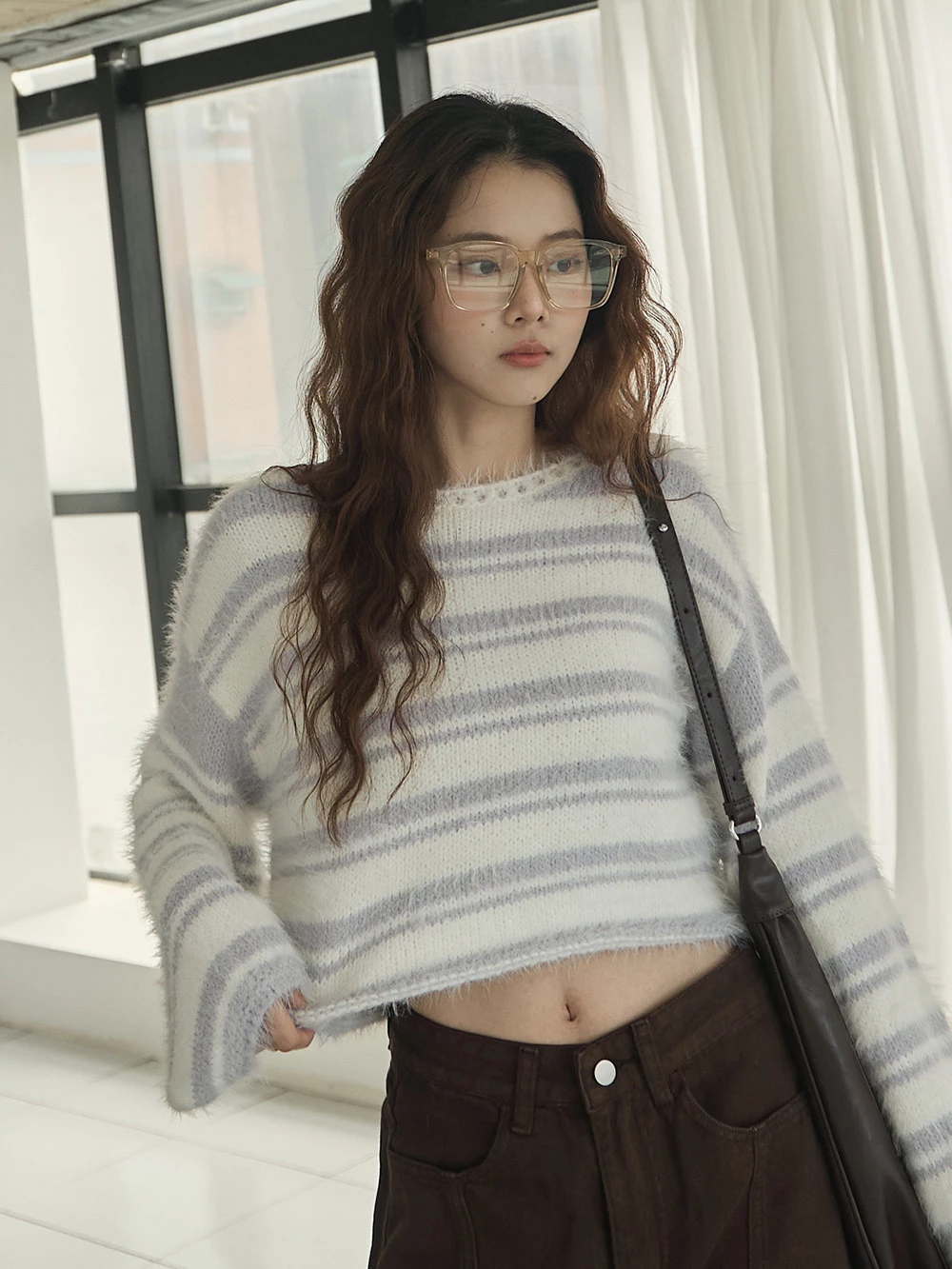 拼色條紋水貂毛針織上衣