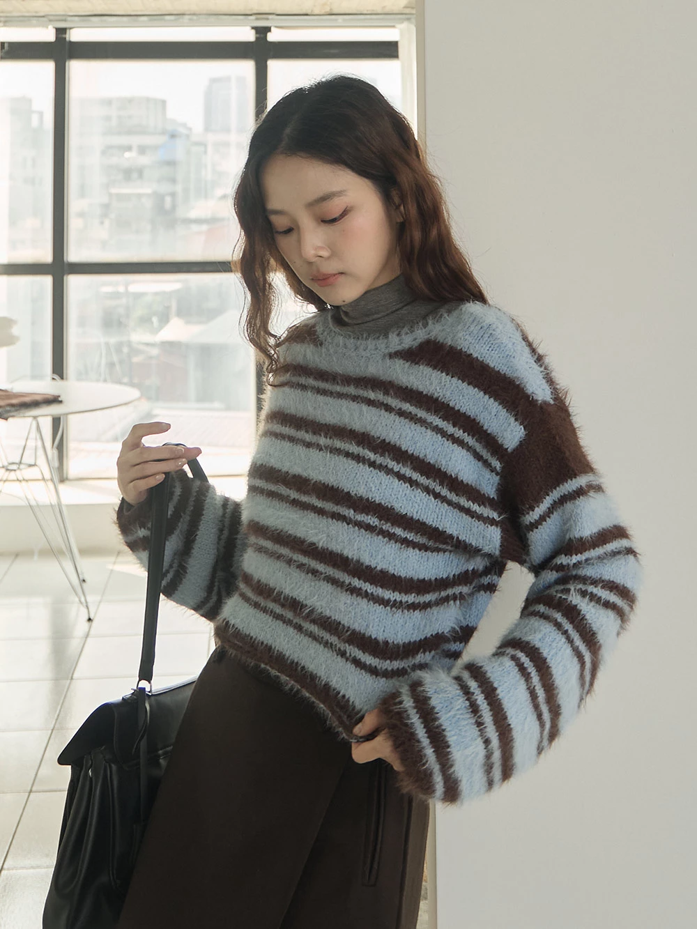 拼色條紋水貂毛針織上衣