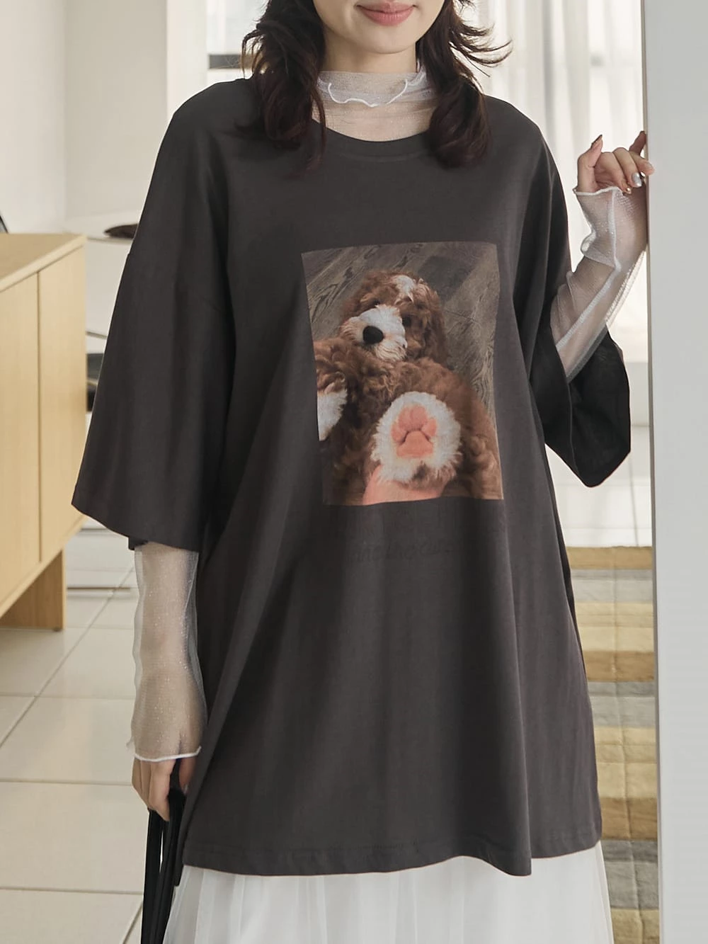 捲毛狗狗印圖寬鬆上衣