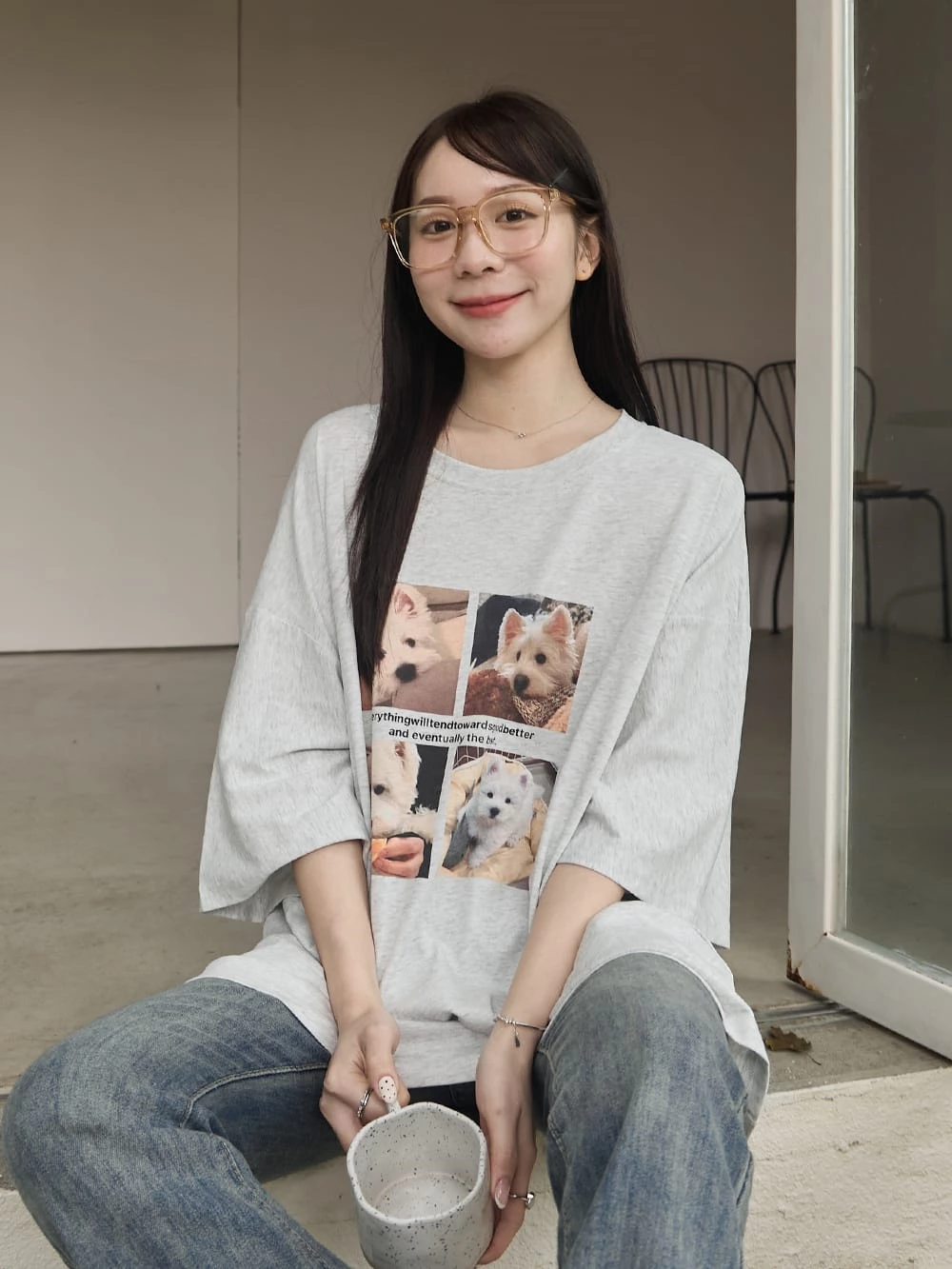 四格狗狗照印圖寬鬆上衣