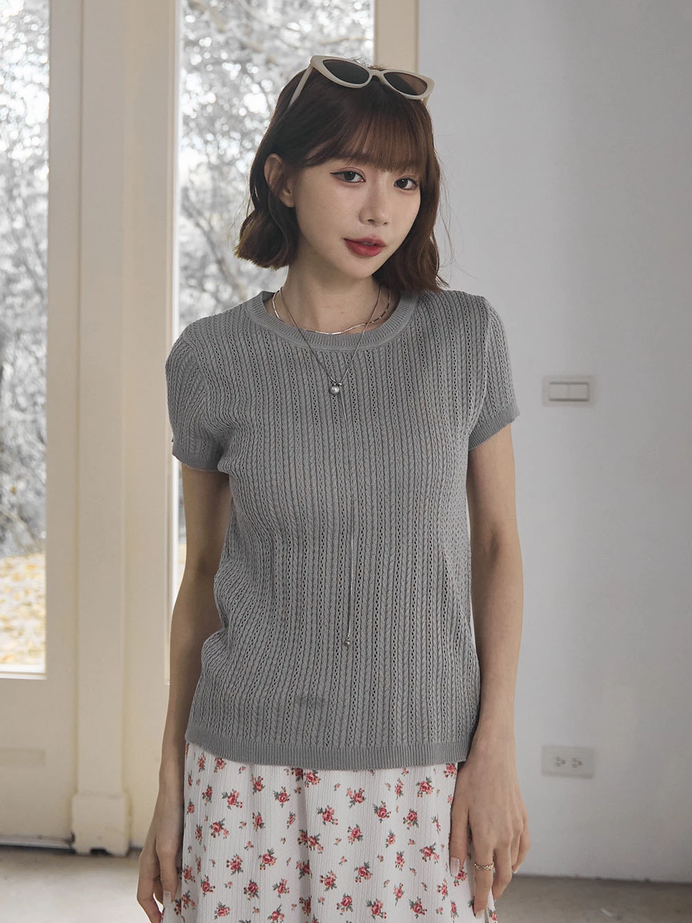 麻花編織圓領短袖上衣
