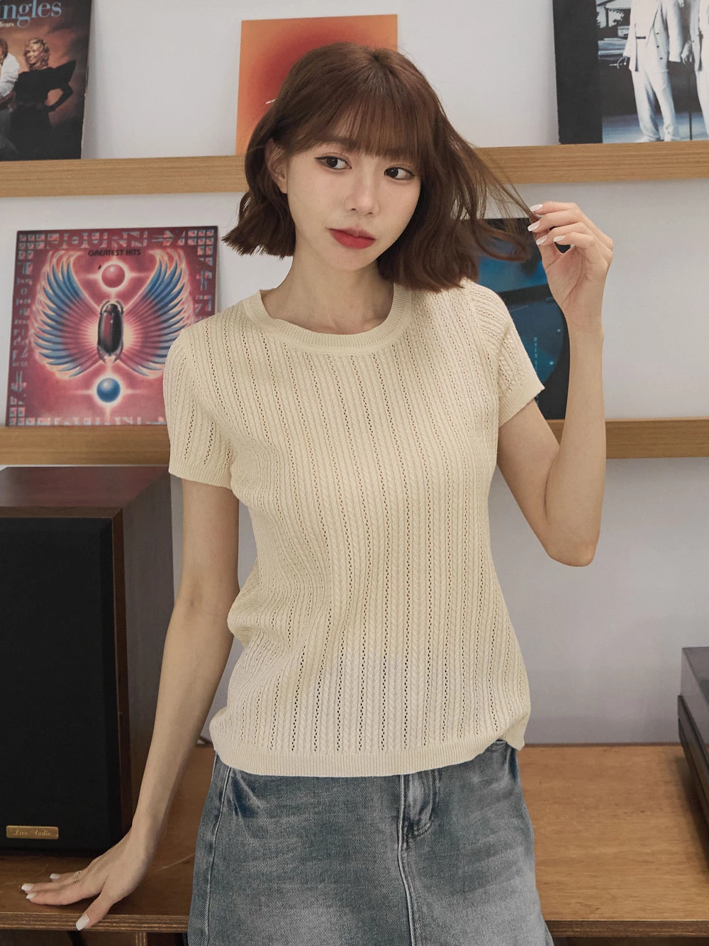 麻花編織圓領短袖上衣