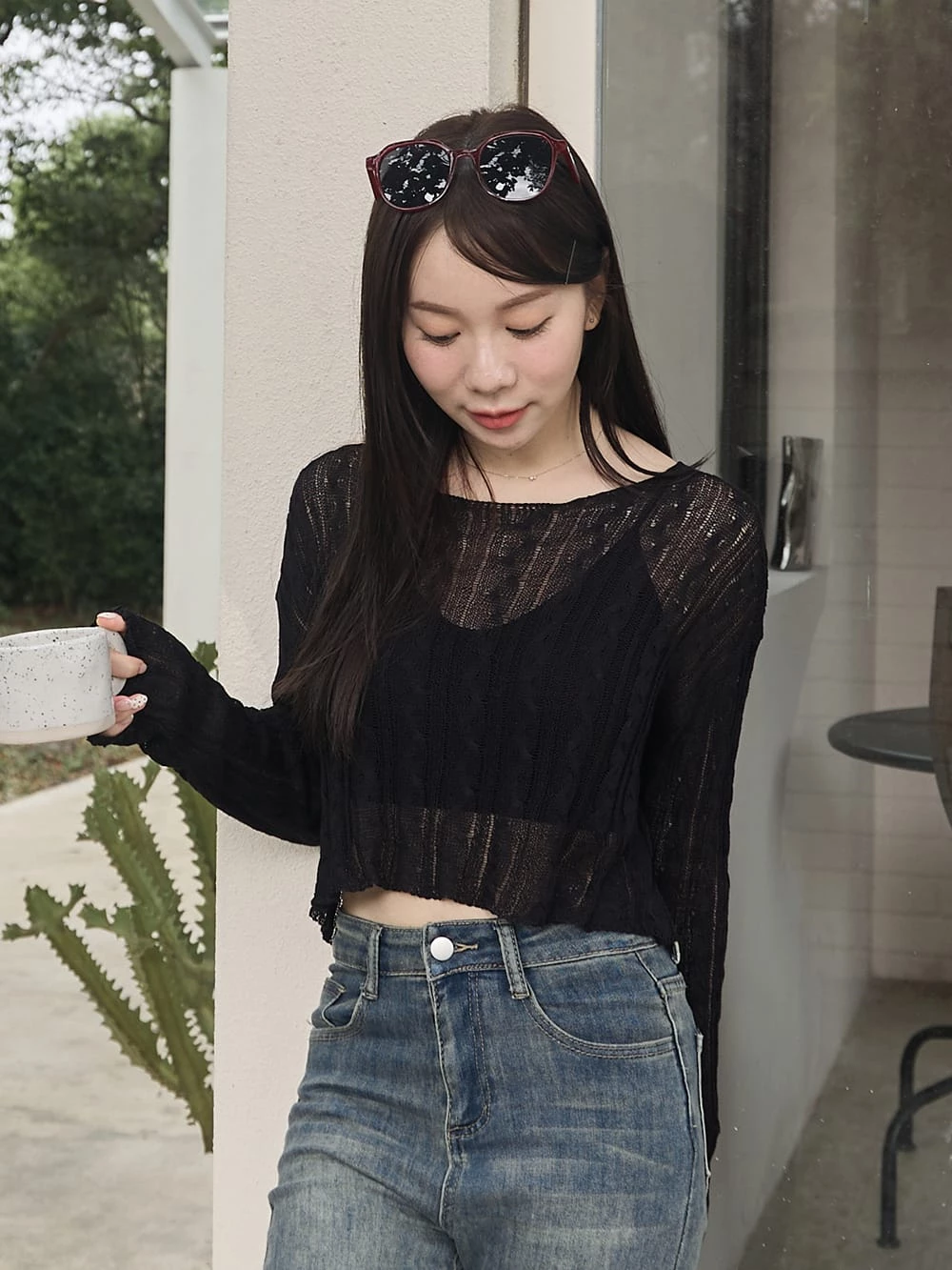 微透麻花針織短版上衣