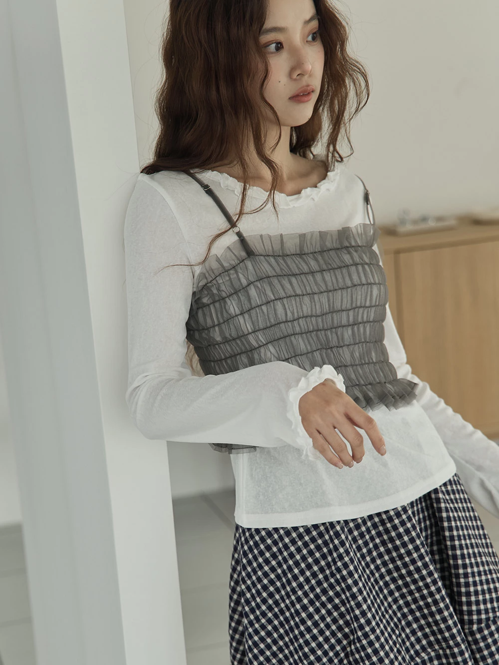 兩件式-花邊領上衣+鬆緊細肩背心