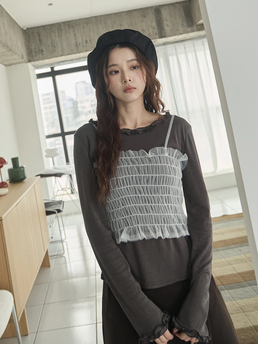 兩件式-花邊領上衣+鬆緊細肩背心