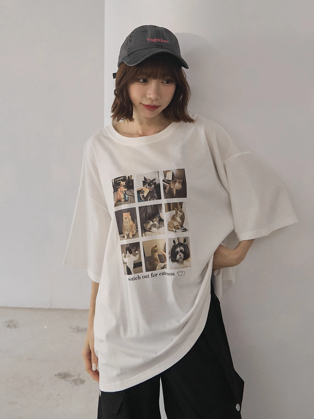 九格貓咪印圖寬鬆上衣