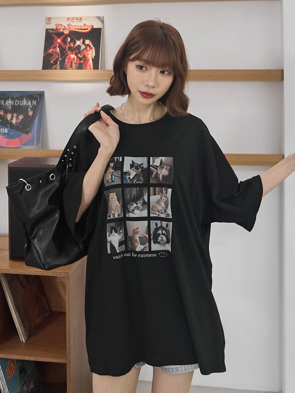 九格貓咪印圖寬鬆上衣