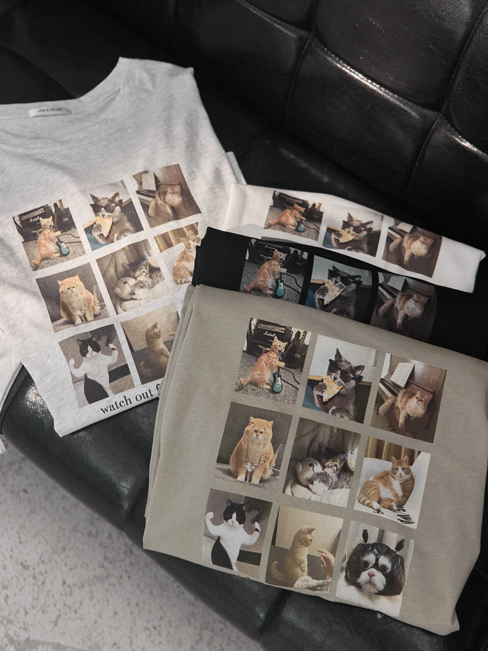 九格貓咪印圖寬鬆上衣