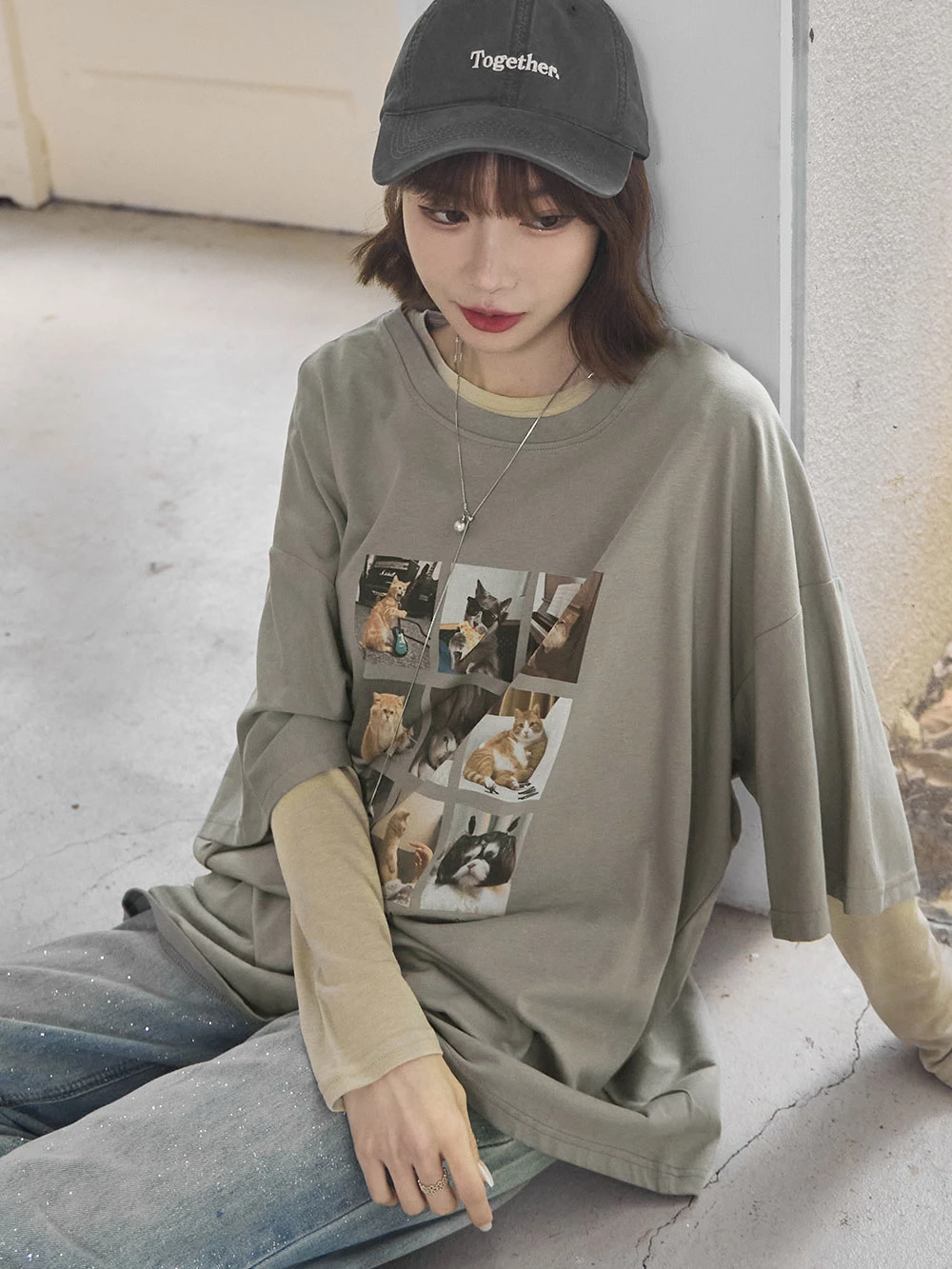 九格貓咪印圖寬鬆上衣