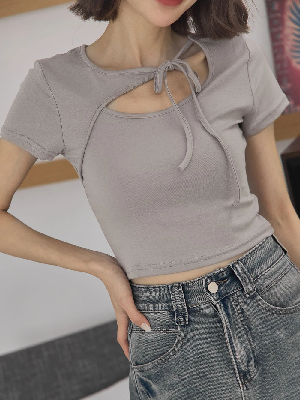 不對稱綁帶短袖上衣