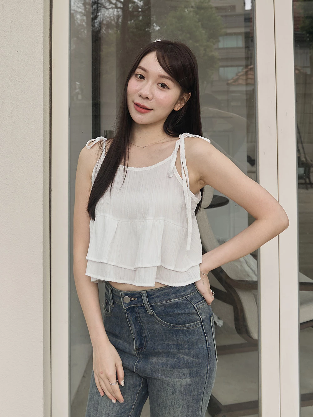 坑條短版細肩雙層背心