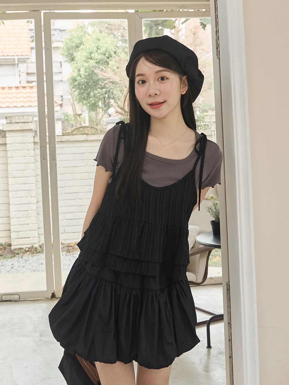 坑條短版細肩雙層背心