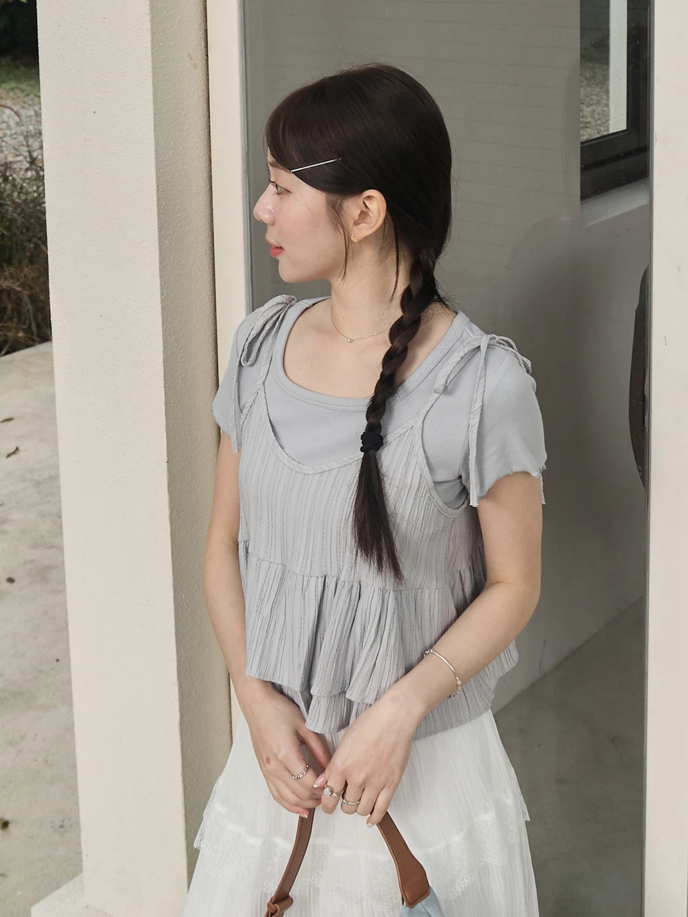 坑條短版細肩雙層背心