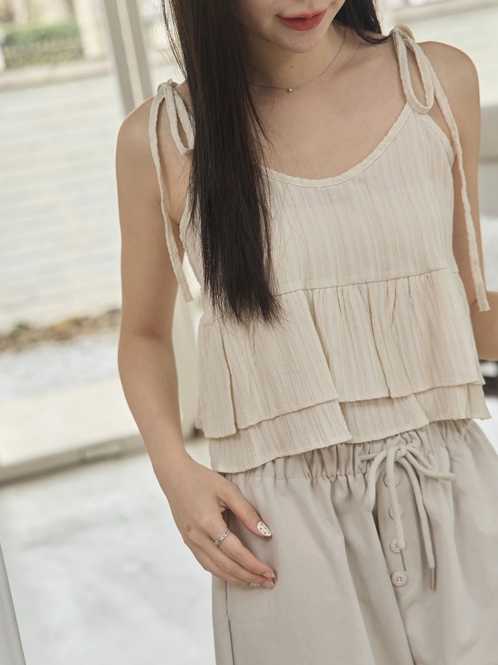 坑條短版細肩雙層背心