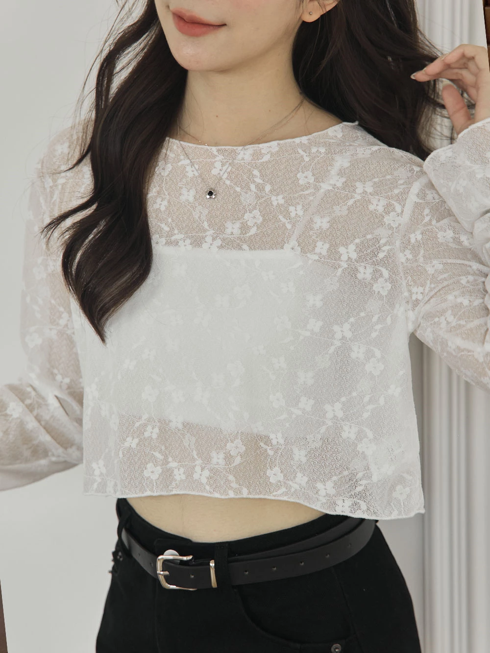 小花短版透膚上衣