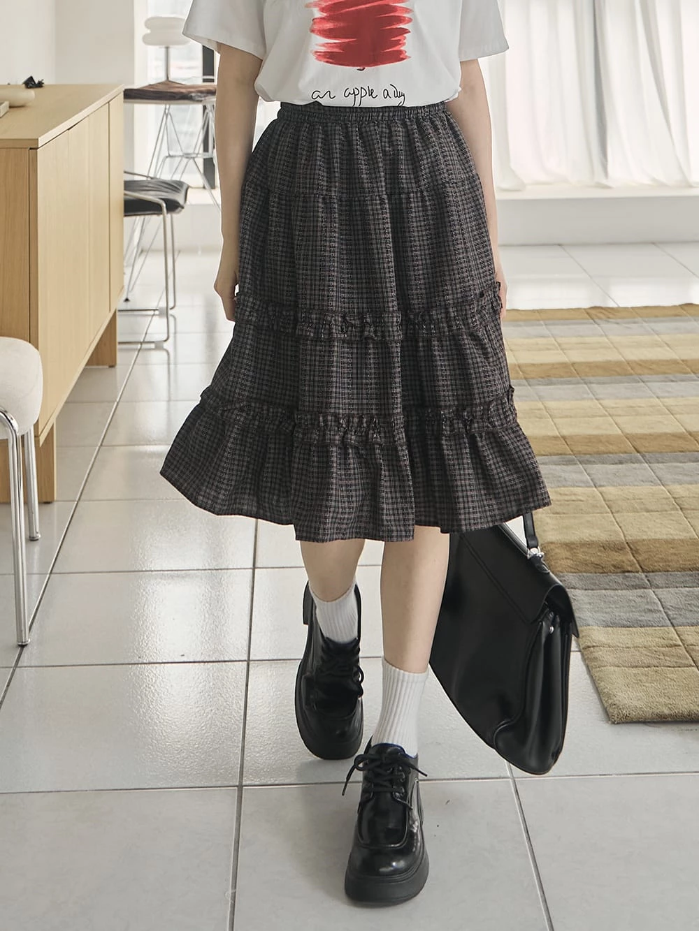 格紋荷葉邊五分裙