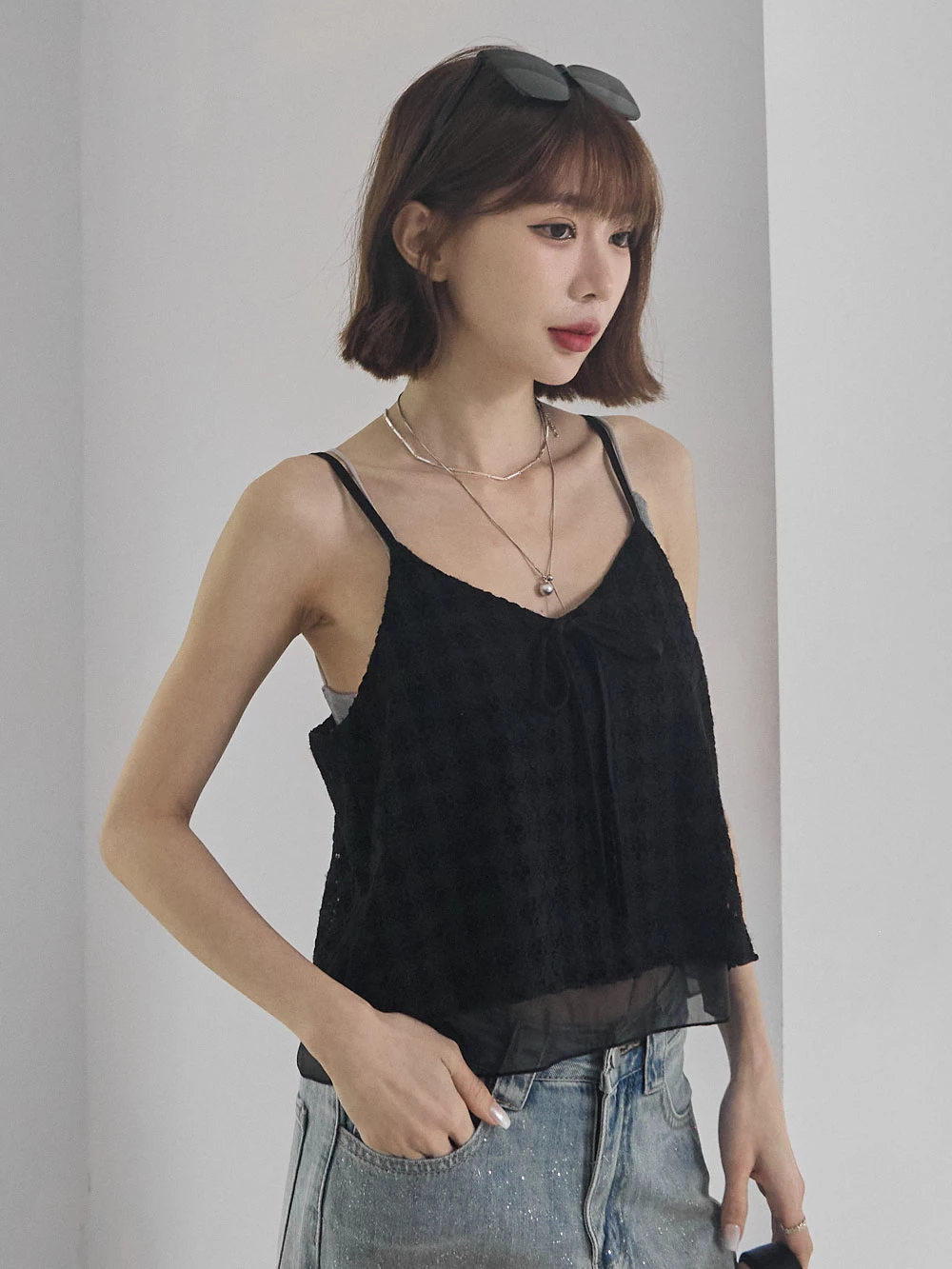 假兩件花朵縷空細肩背心