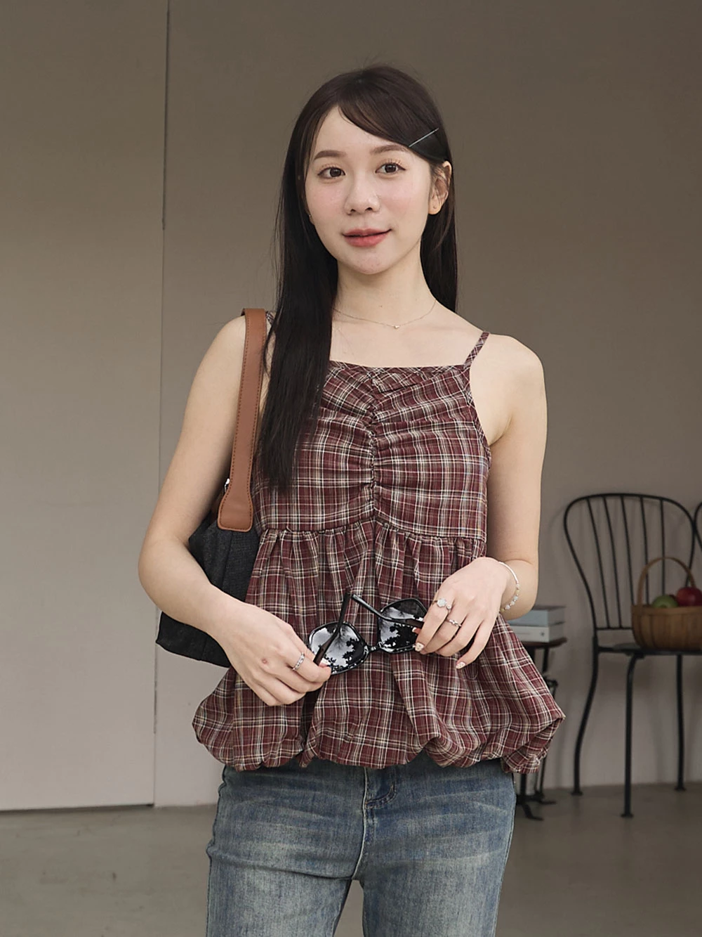 格紋細肩花苞背心