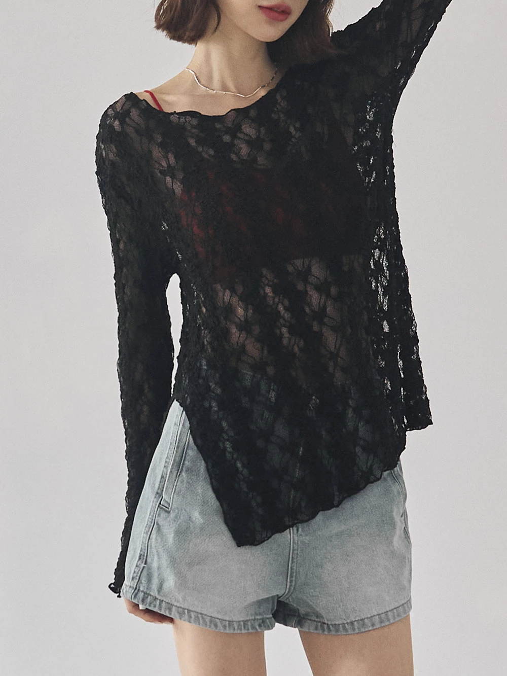 花朵縷空側開岔上衣