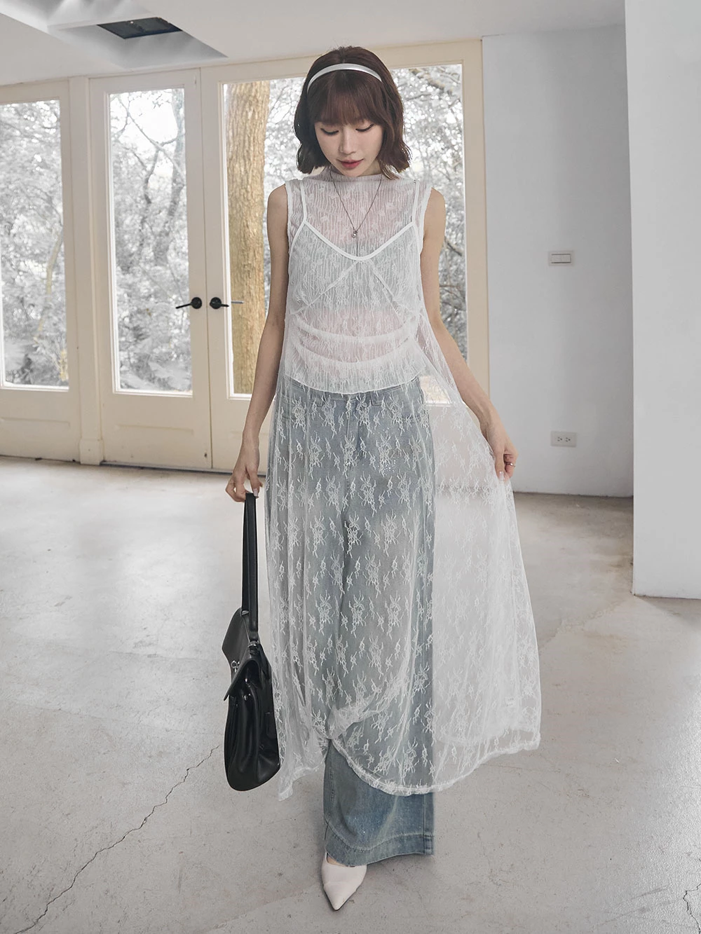 蕾絲網紗外罩洋裝
