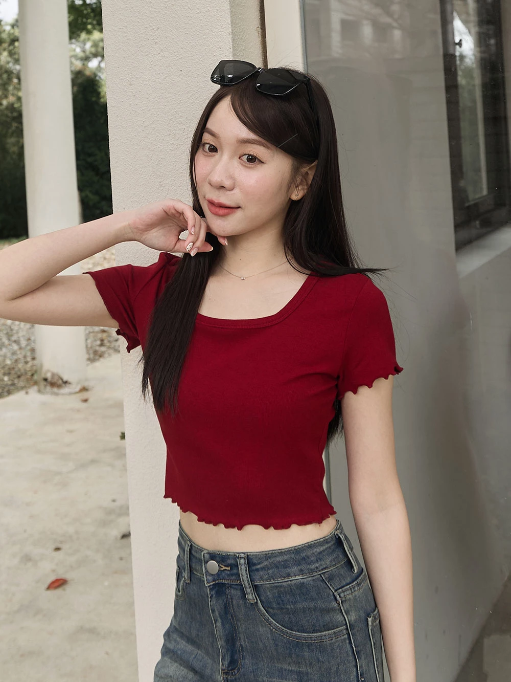 方領捲邊短版上衣