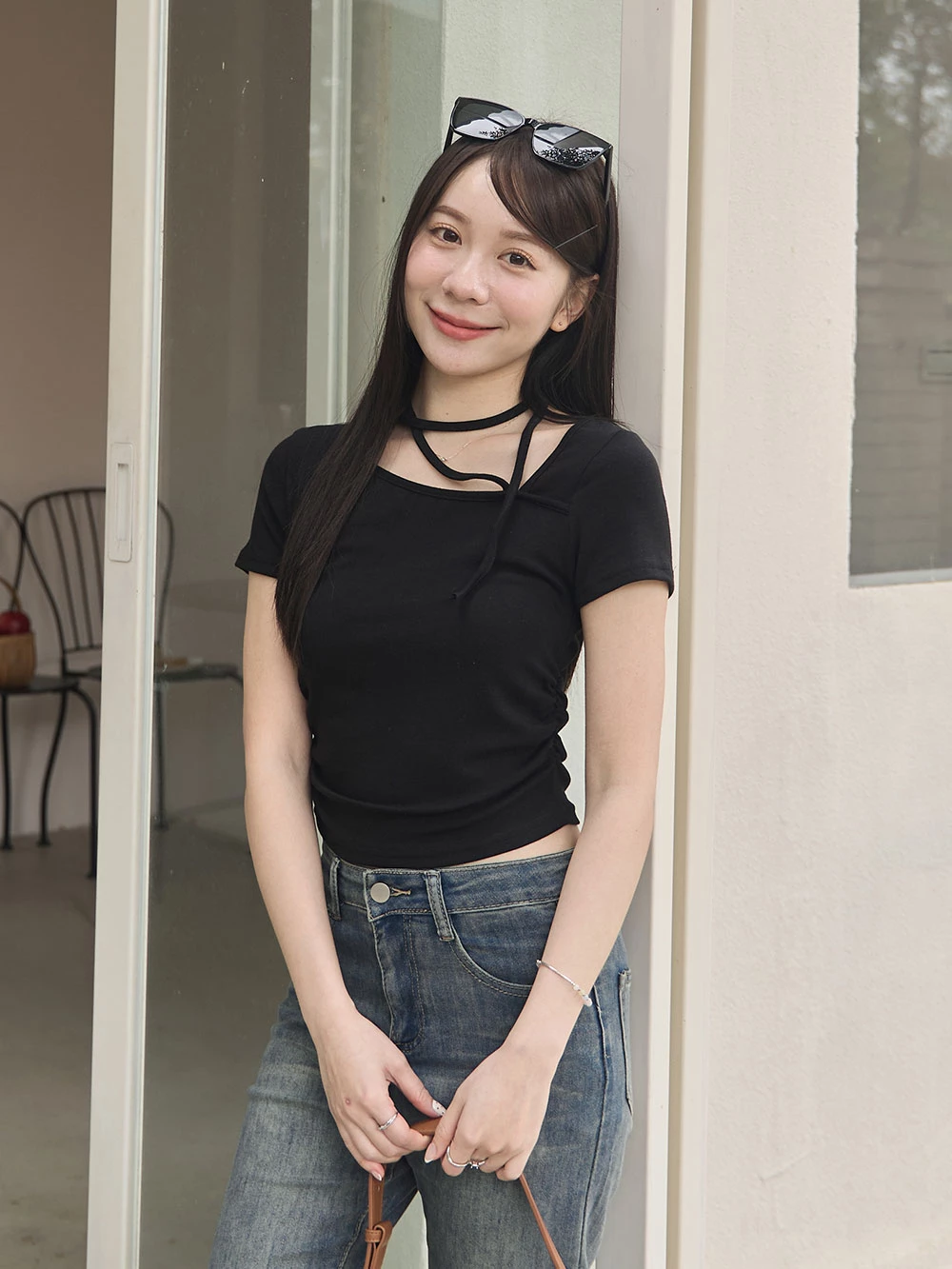 側抓皺斜領綁帶短袖上衣