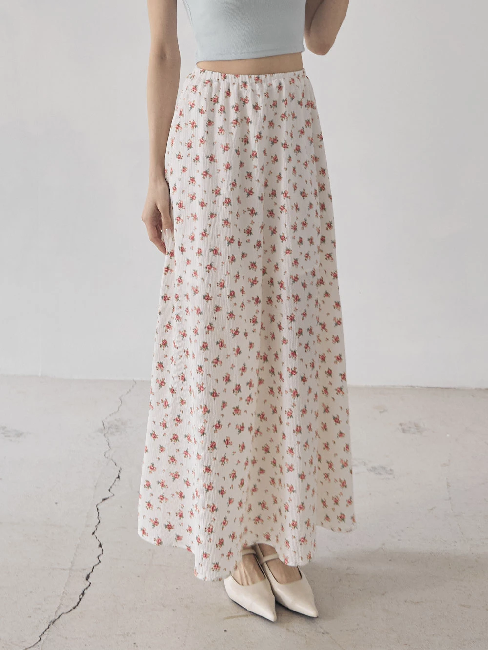 碎花後開衩鬆緊長裙