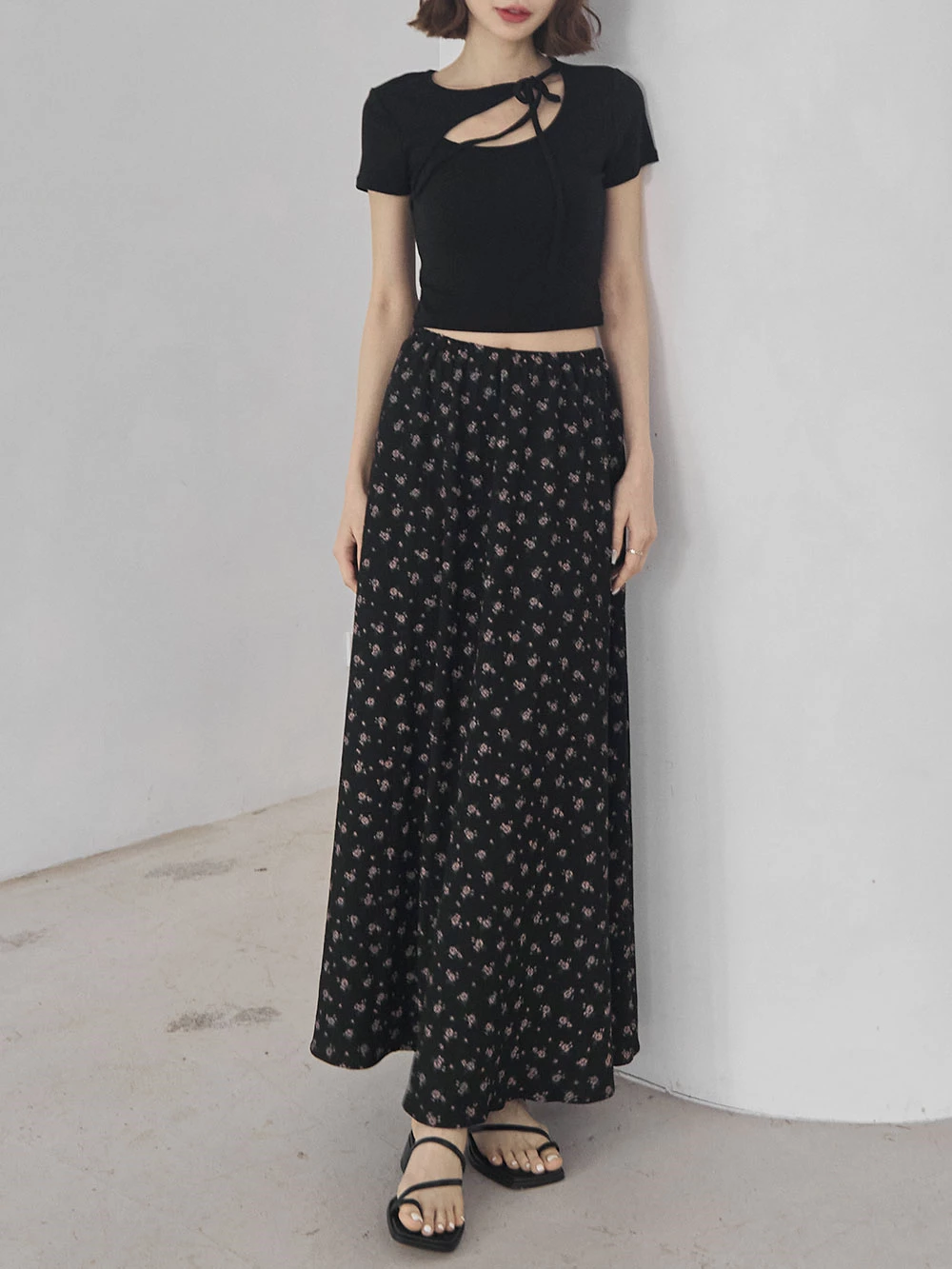 碎花後開衩鬆緊長裙