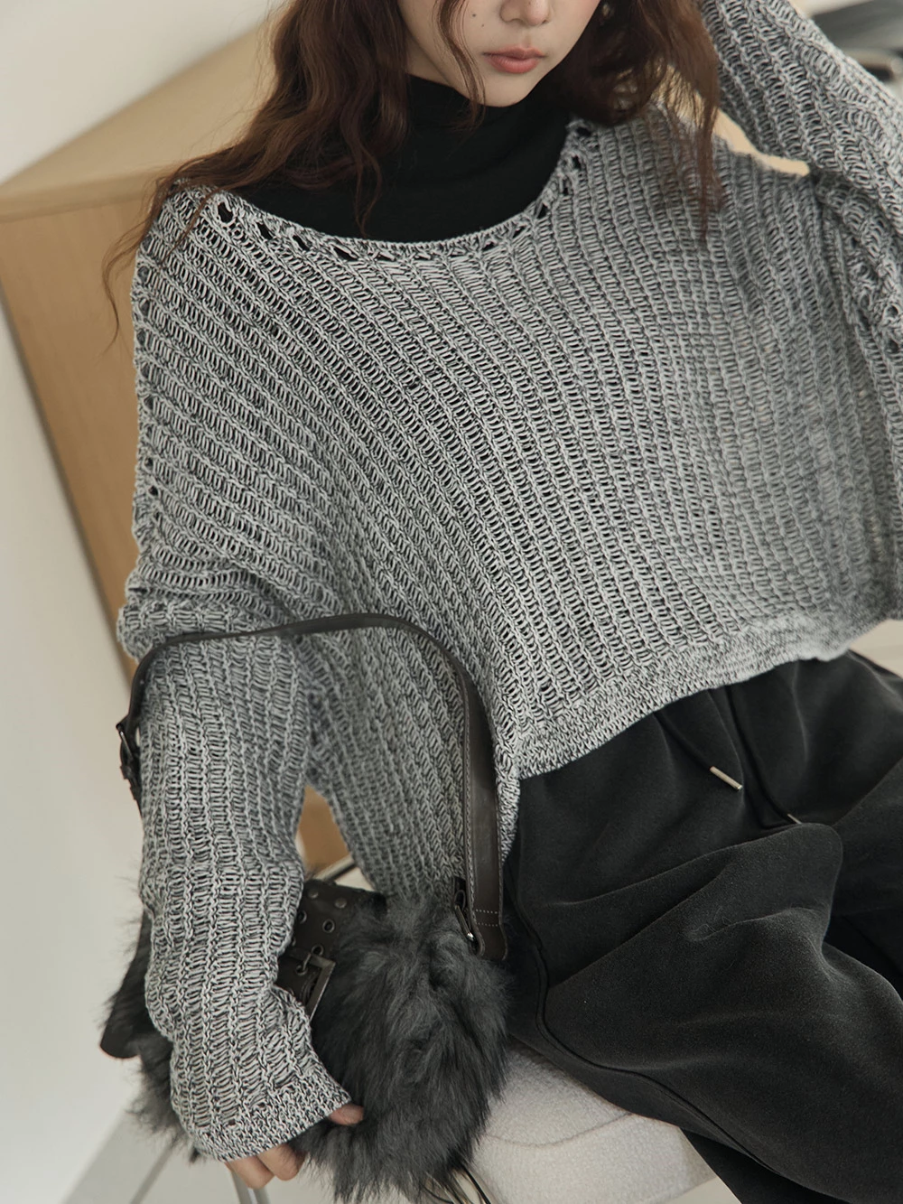 微透縷空寬鬆針織上衣