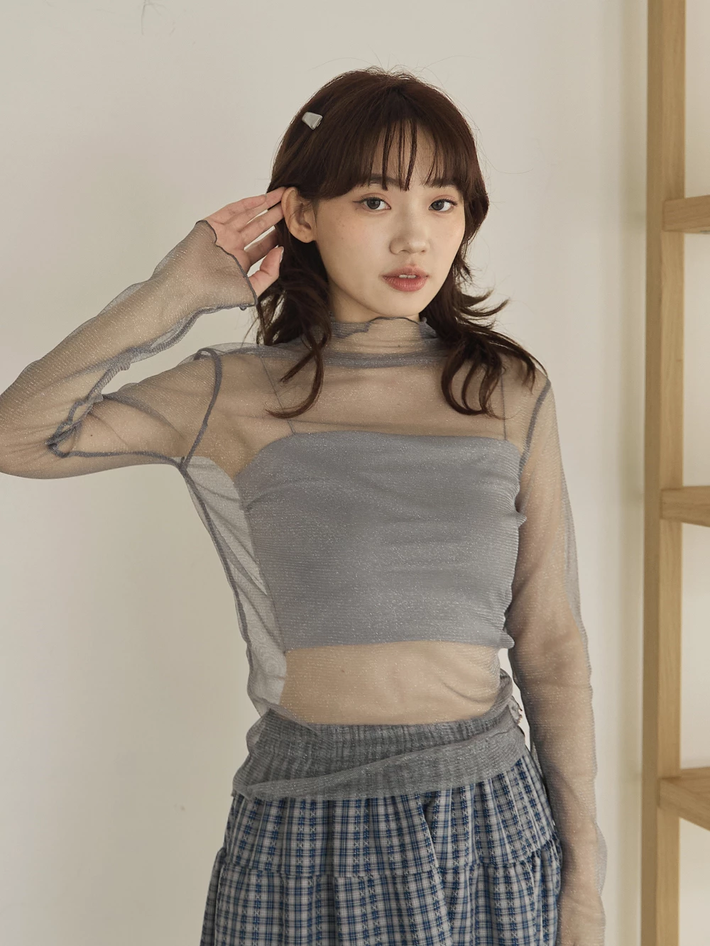 細閃絲高領捲邊網紗上衣