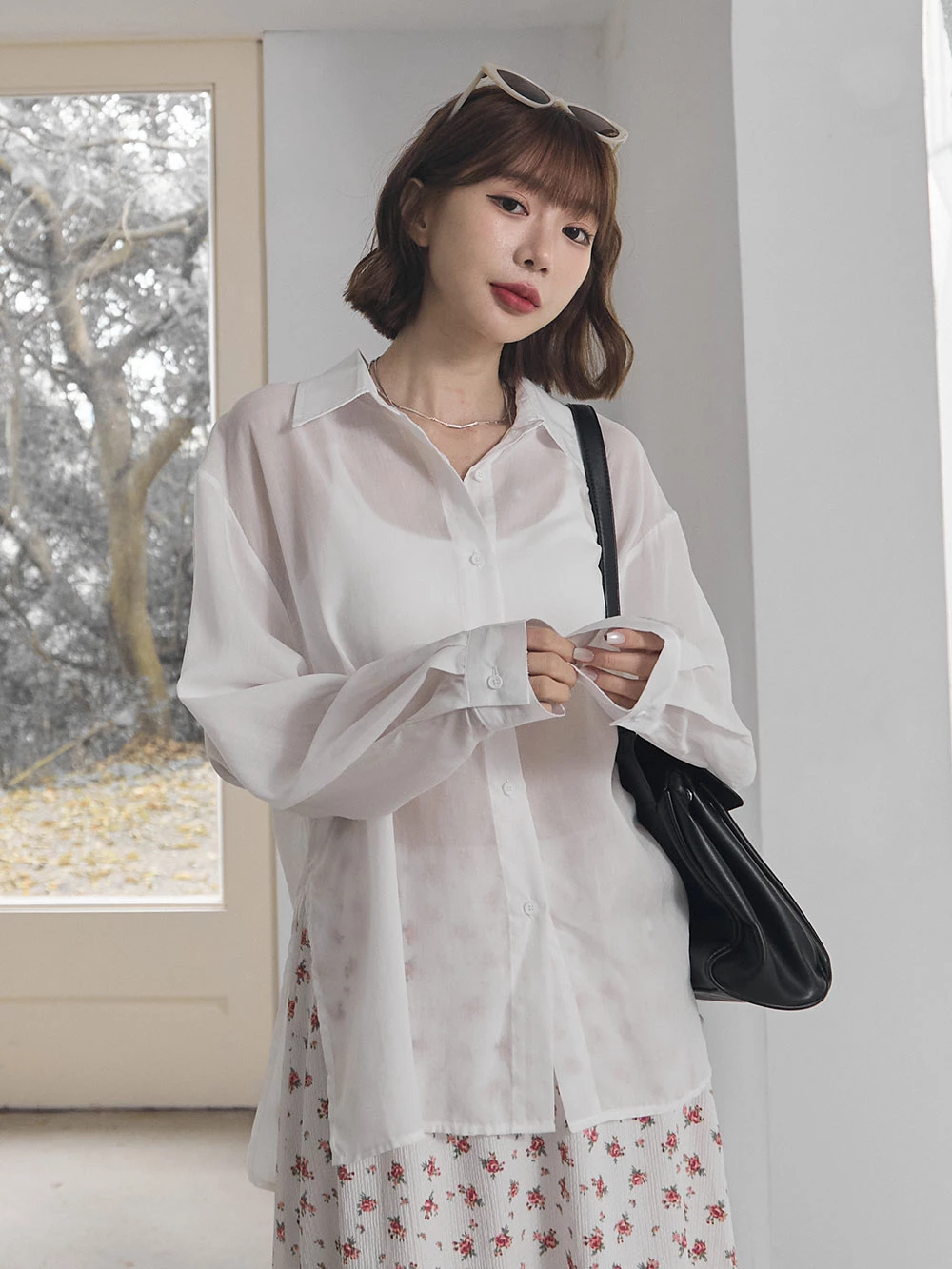 微透膚側開岔襯衫