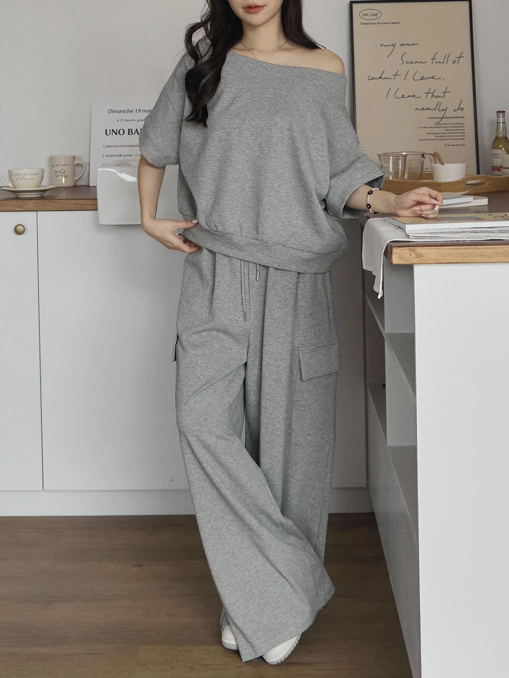 兩件式-一字領上衣+抽繩工裝褲