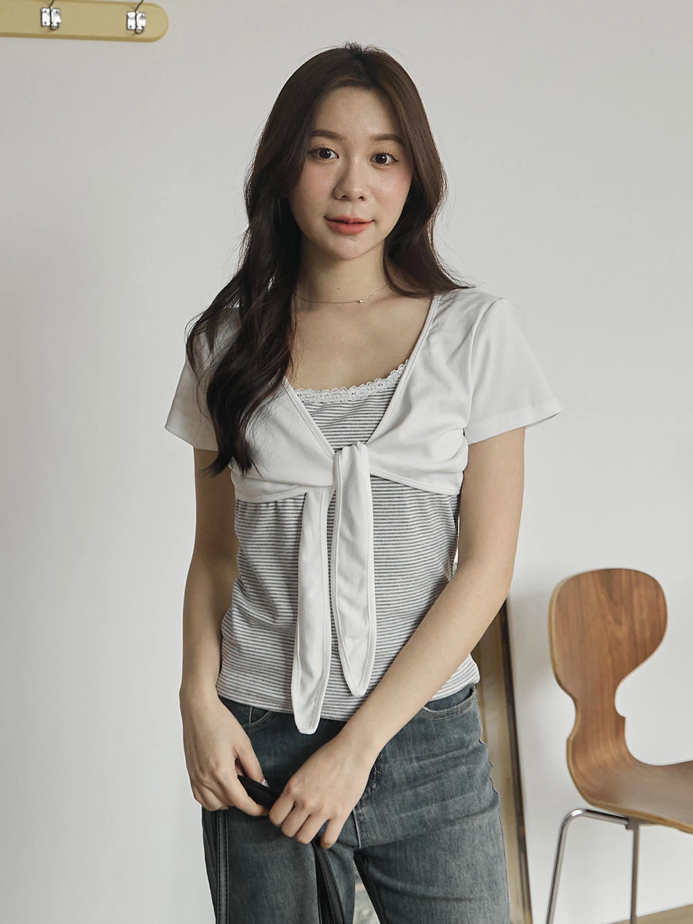 蕾絲圓領條紋假兩件上衣